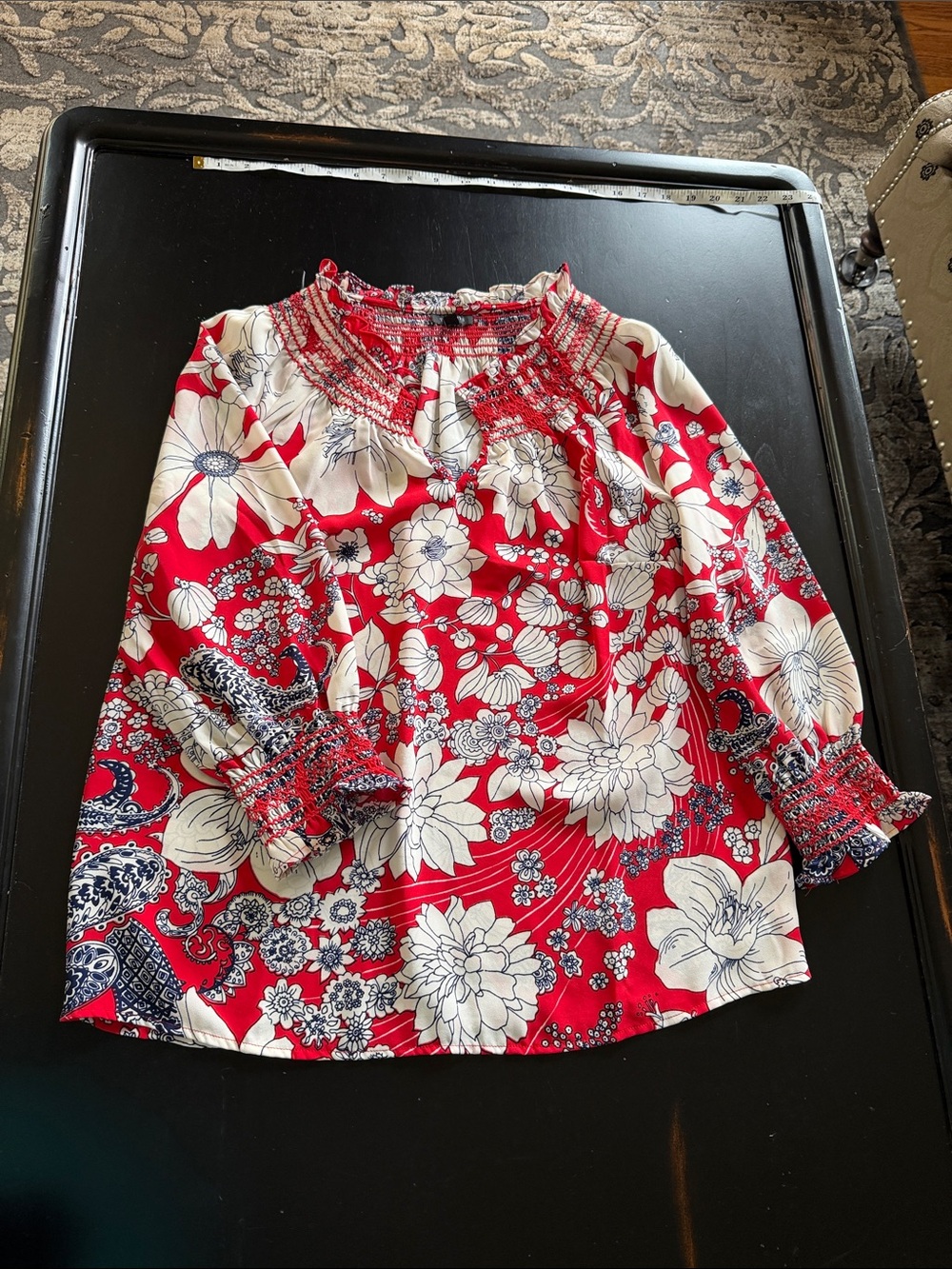 Red white and blue floral blouse